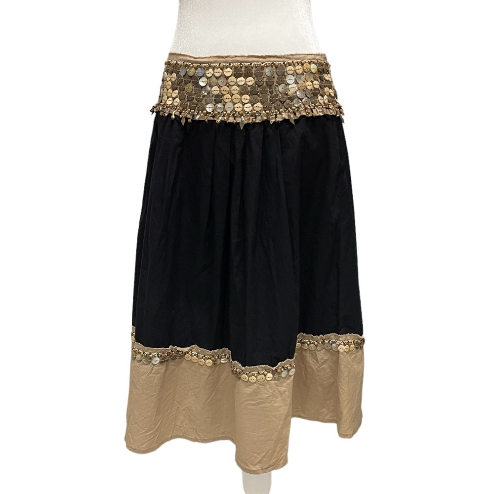 Basil & Maude Anthropologie 12 Cotton Black Tan Skirt Beaded Button Accent Trim
